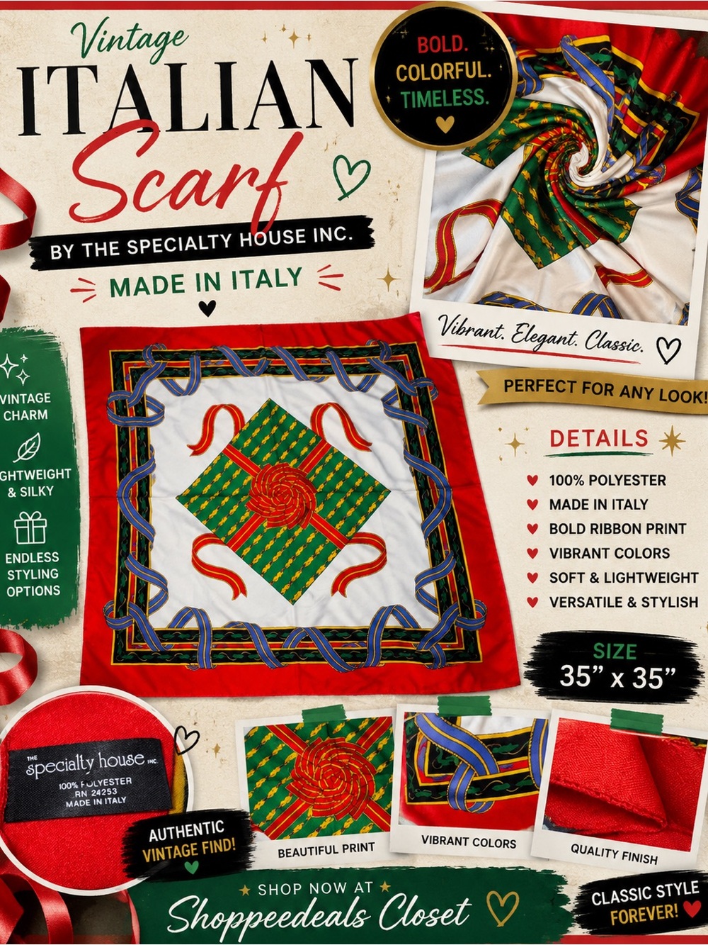 Vintage Italian Specialty House Polyester Scarf Wrap Red Ribbon Print 35x35